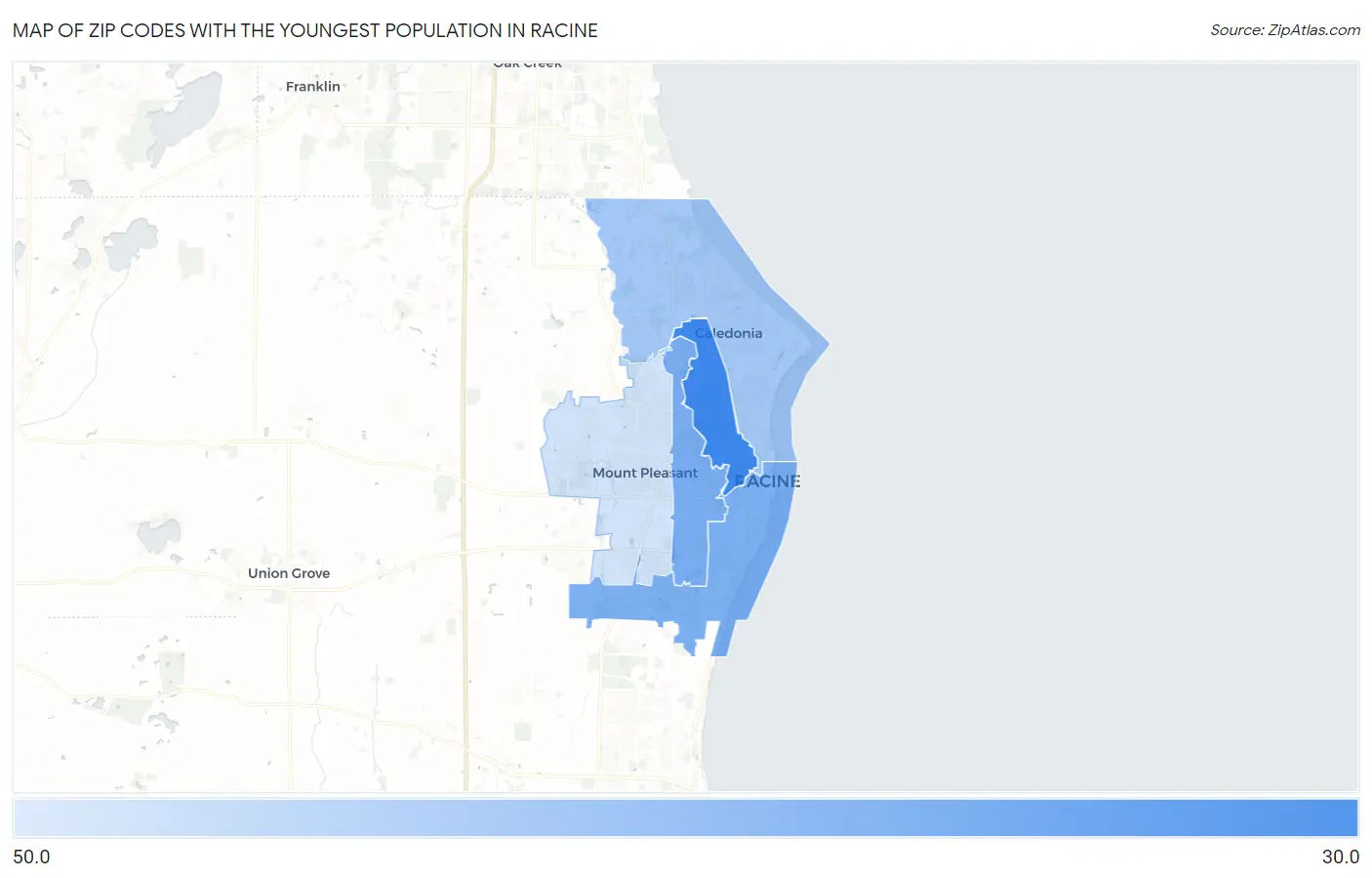Zip Codes with the Youngest Population in Racine Map