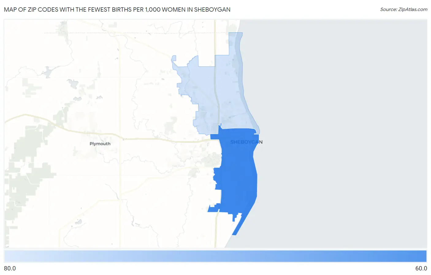 Zip Codes with the Fewest Births per 1,000 Women in Sheboygan Map