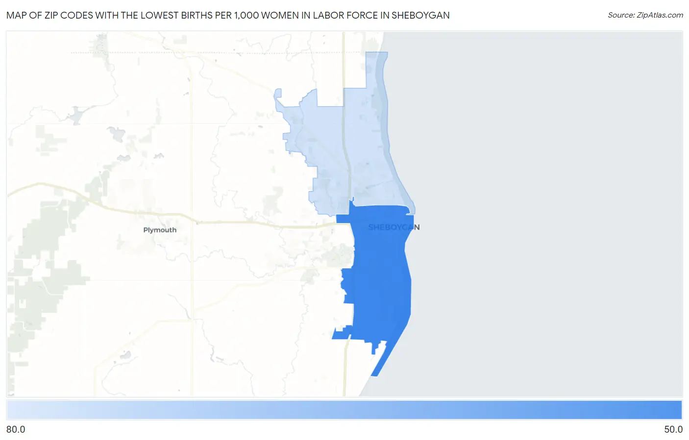 Zip Codes with the Lowest Births per 1,000 Women in Labor Force in Sheboygan Map