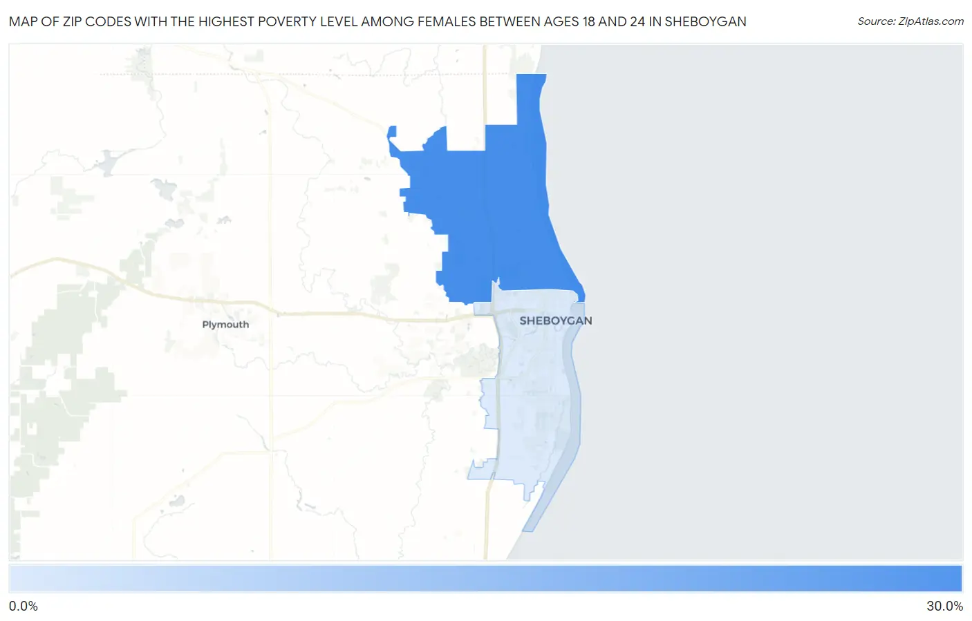 Zip Codes with the Highest Poverty Level Among Females Between Ages 18 and 24 in Sheboygan Map