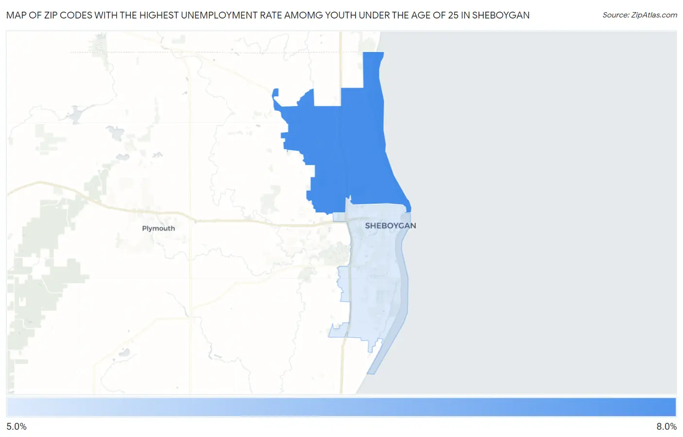 Zip Codes with the Highest Unemployment Rate Amomg Youth Under the Age of 25 in Sheboygan Map