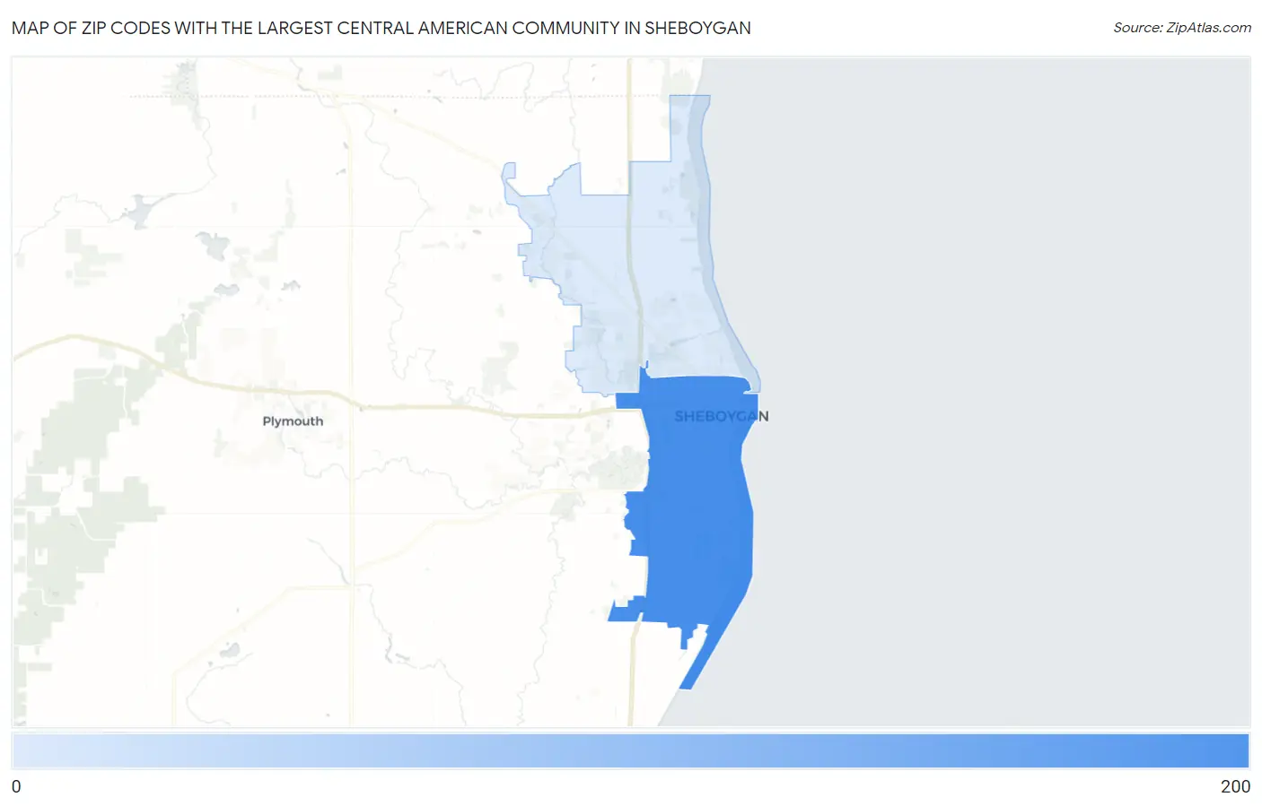 Zip Codes with the Largest Central American Community in Sheboygan Map