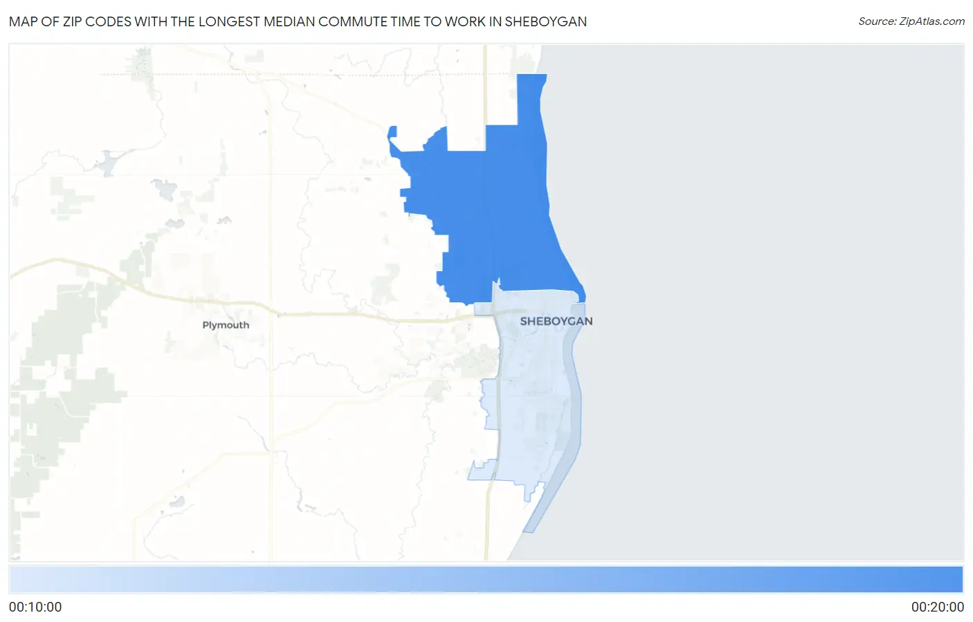 Zip Codes with the Longest Median Commute Time to Work in Sheboygan Map