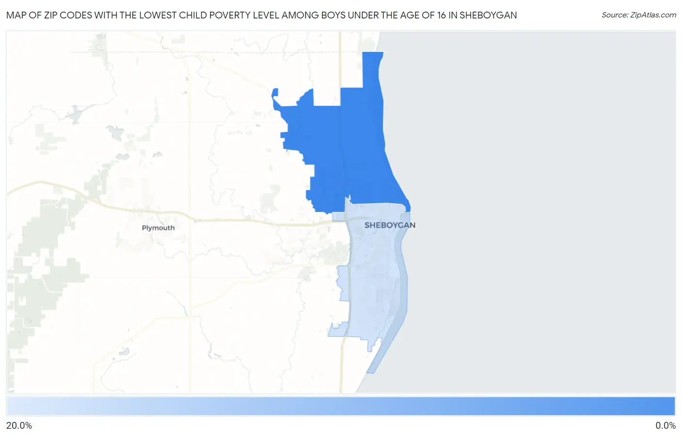 Zip Codes with the Lowest Child Poverty Level Among Boys Under the Age of 16 in Sheboygan Map
