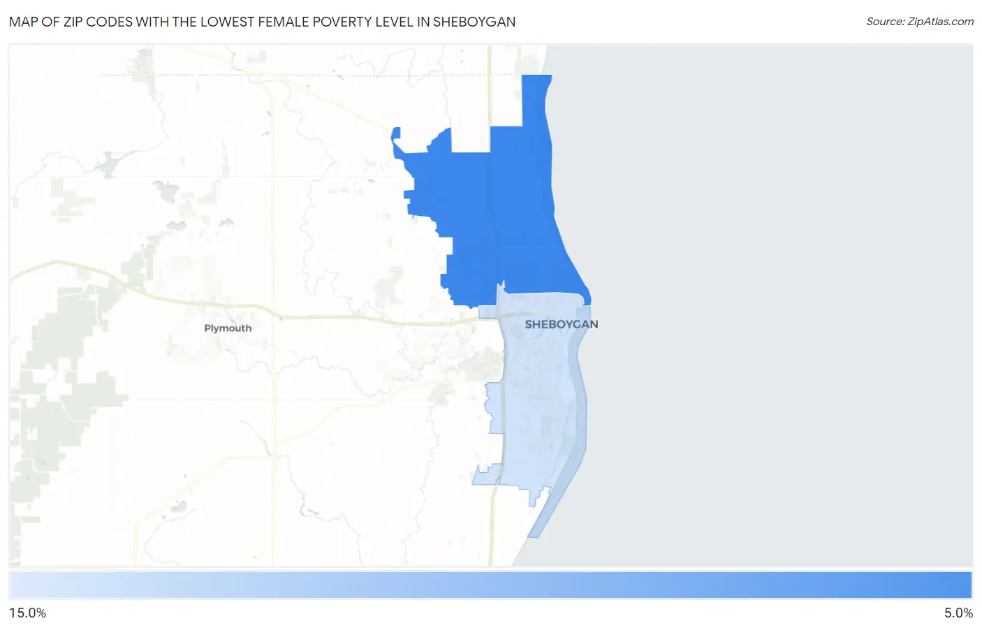 Zip Codes with the Lowest Female Poverty Level in Sheboygan Map