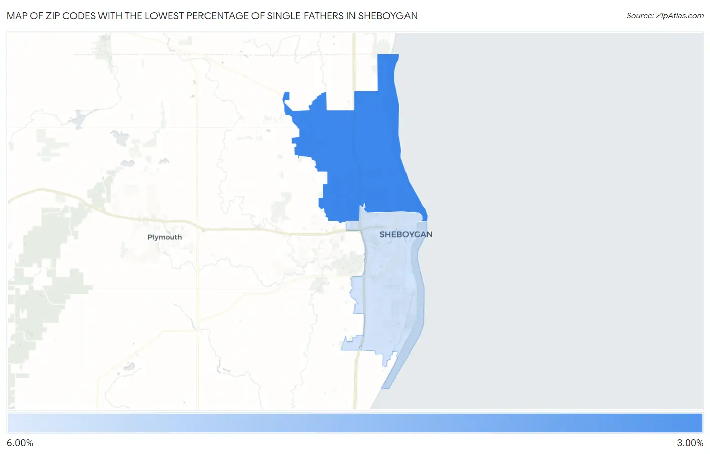 Zip Codes with the Lowest Percentage of Single Fathers in Sheboygan Map