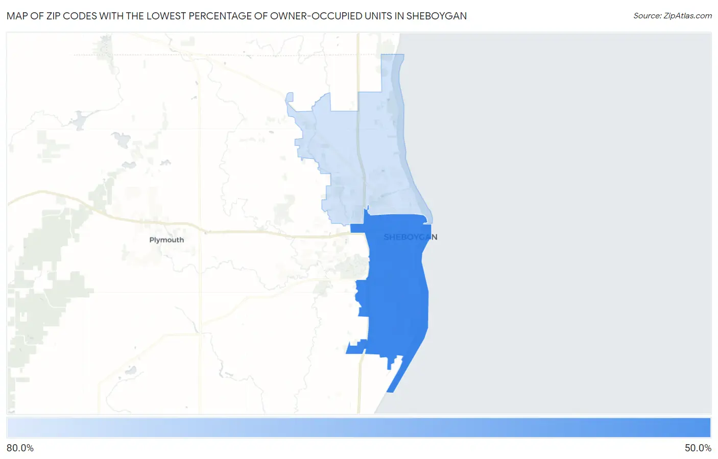 Zip Codes with the Lowest Percentage of Owner-Occupied Units in Sheboygan Map