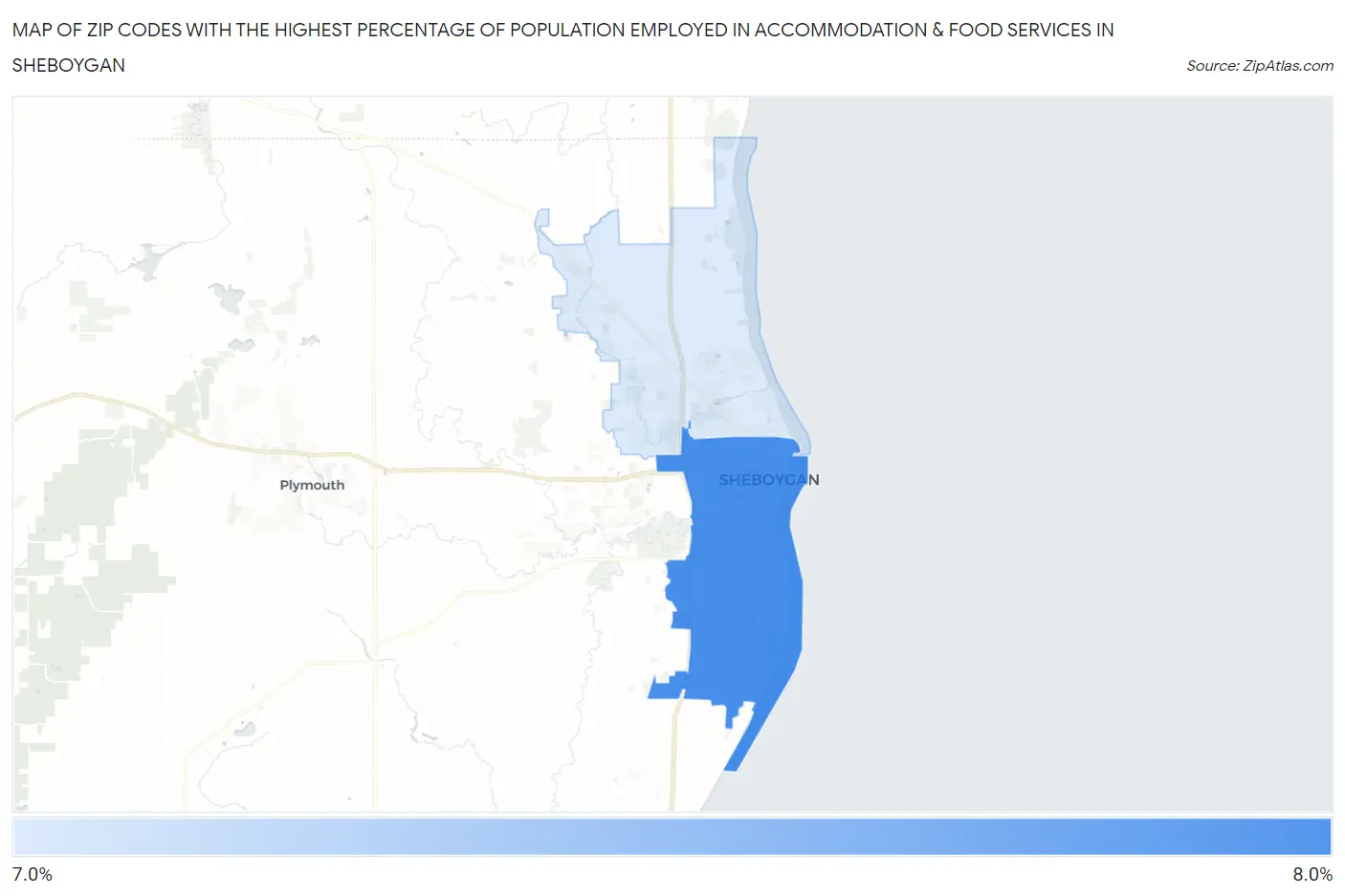 Zip Codes with the Highest Percentage of Population Employed in Accommodation & Food Services in Sheboygan Map