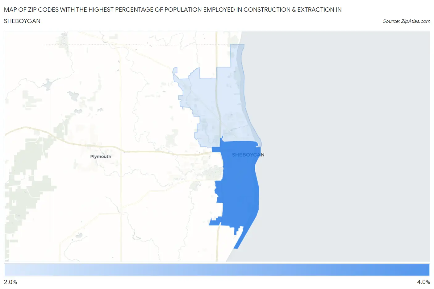 Zip Codes with the Highest Percentage of Population Employed in Construction & Extraction in Sheboygan Map