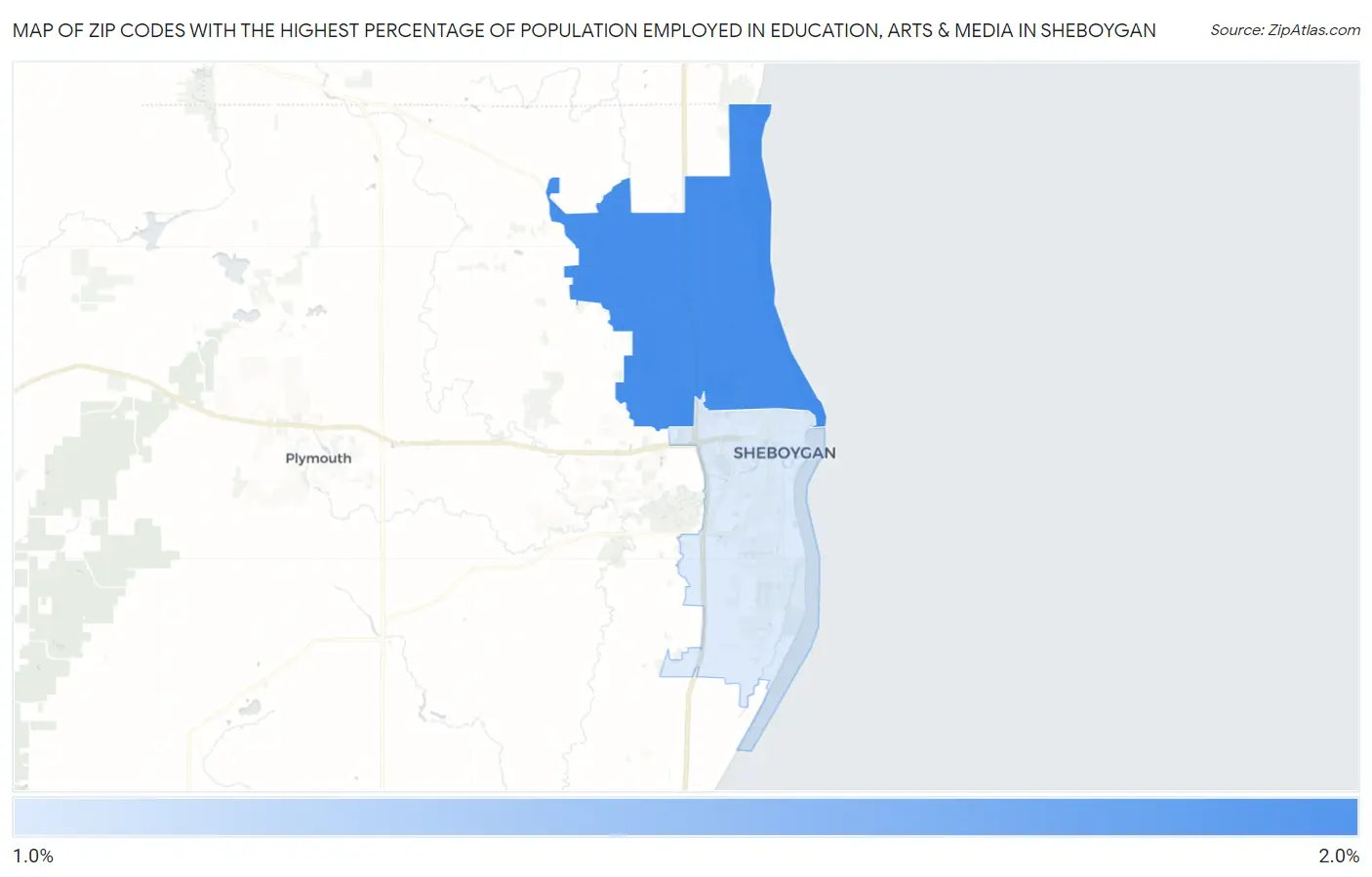 Zip Codes with the Highest Percentage of Population Employed in Education, Arts & Media in Sheboygan Map