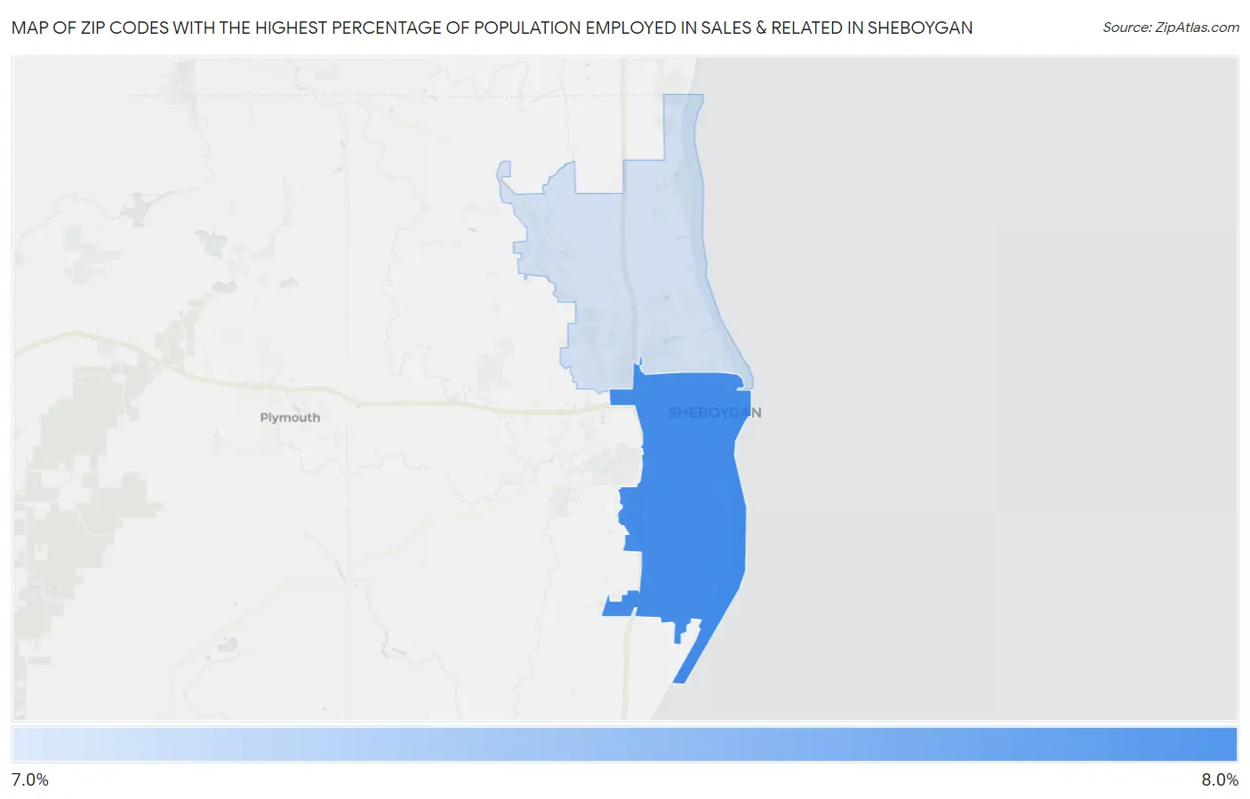 Zip Codes with the Highest Percentage of Population Employed in Sales & Related in Sheboygan Map