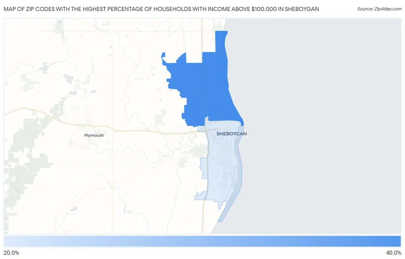 Zip Codes with the Highest Percentage of Households with Income Above $100,000 in Sheboygan Map