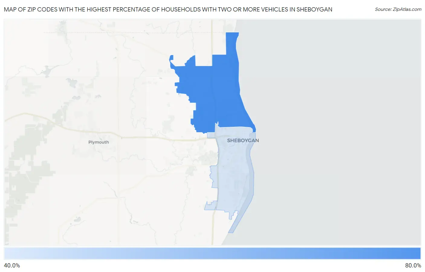 Zip Codes with the Highest Percentage of Households With Two or more Vehicles in Sheboygan Map