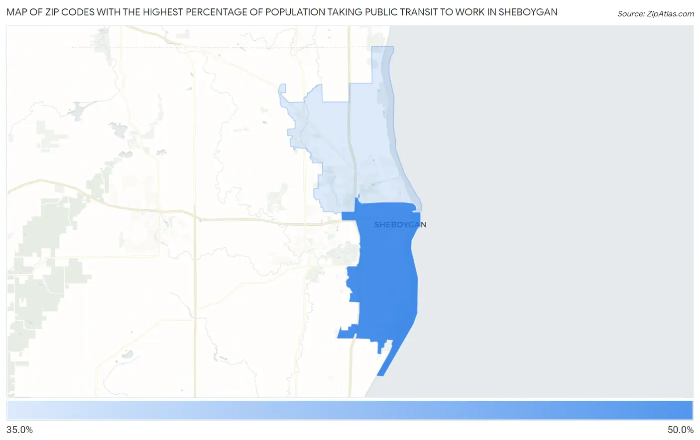 Zip Codes with the Highest Percentage of Population Taking Public Transit to Work in Sheboygan Map