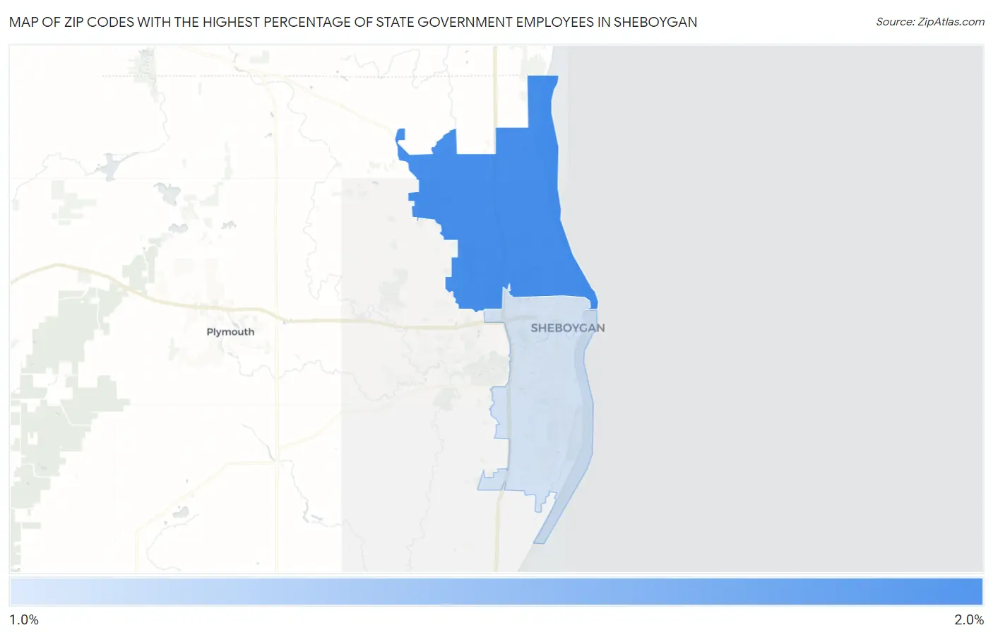 Zip Codes with the Highest Percentage of State Government Employees in Sheboygan Map