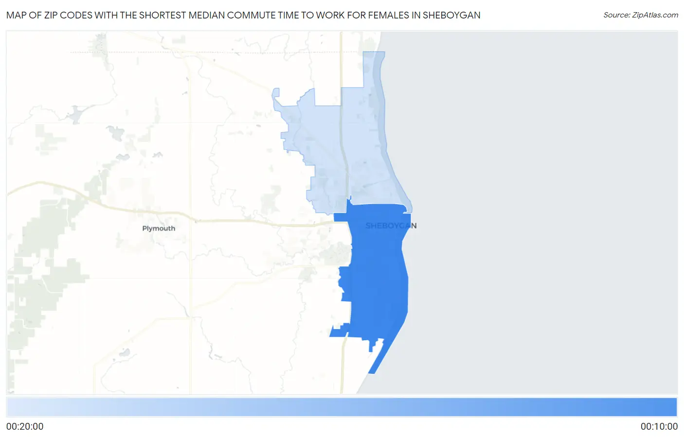 Zip Codes with the Shortest Median Commute Time to Work for Females in Sheboygan Map