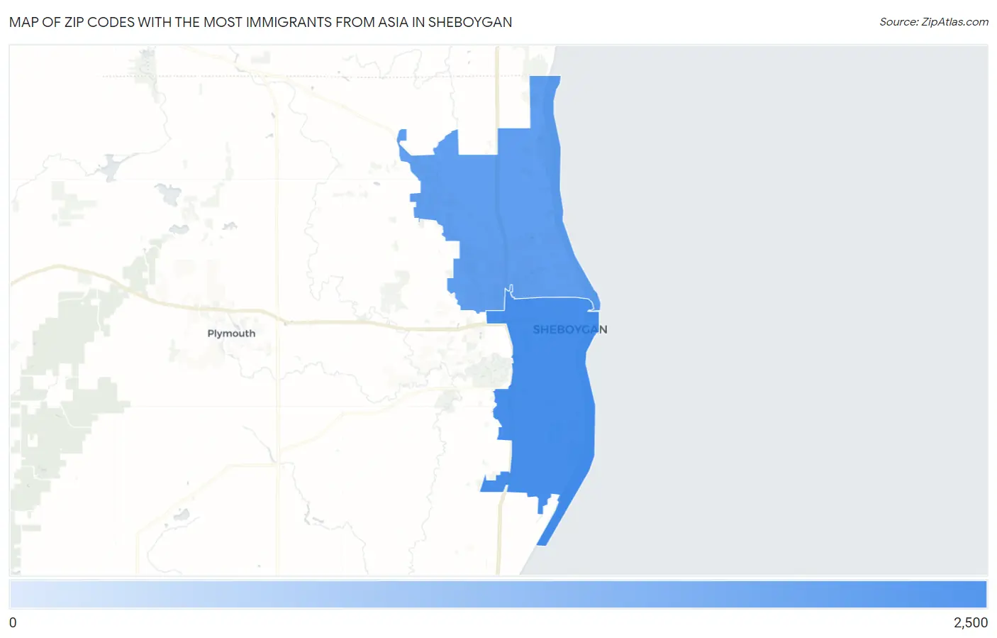 Zip Codes with the Most Immigrants from Asia in Sheboygan Map