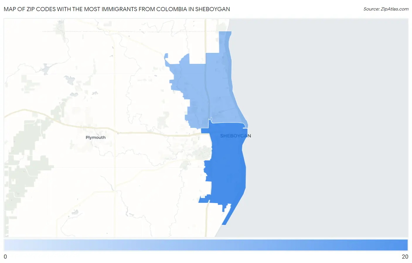 Zip Codes with the Most Immigrants from Colombia in Sheboygan Map
