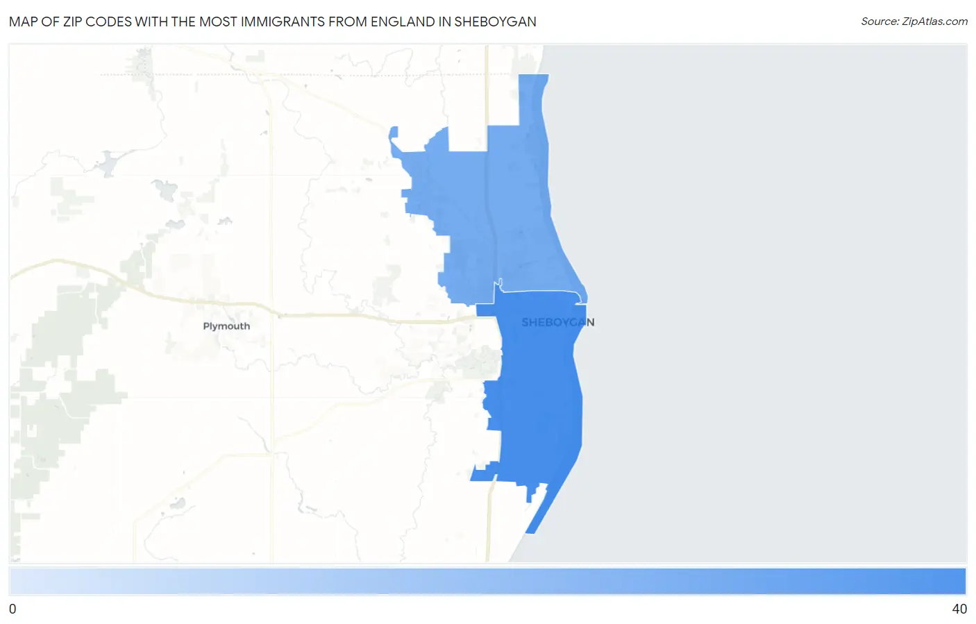 Zip Codes with the Most Immigrants from England in Sheboygan Map