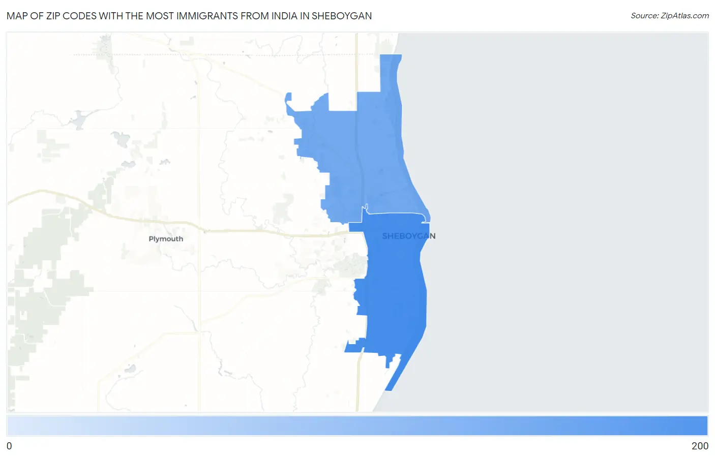 Zip Codes with the Most Immigrants from India in Sheboygan Map