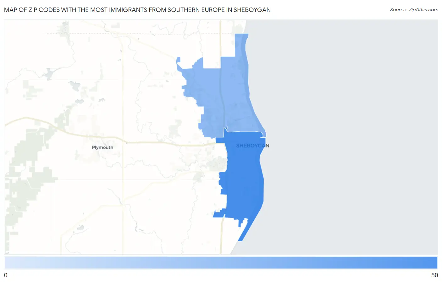 Zip Codes with the Most Immigrants from Southern Europe in Sheboygan Map