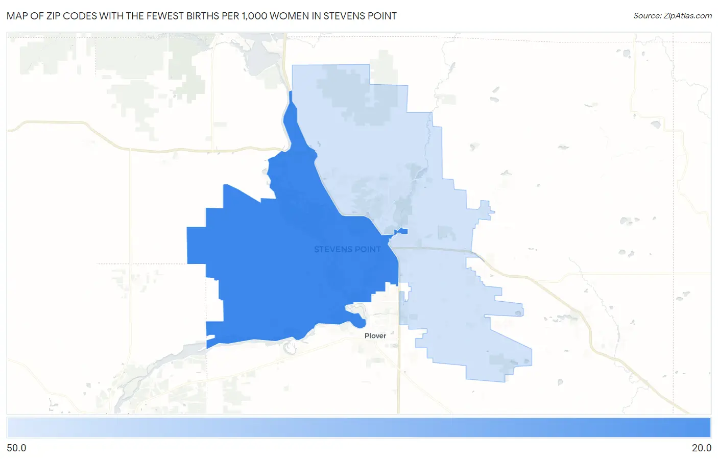 Zip Codes with the Fewest Births per 1,000 Women in Stevens Point Map