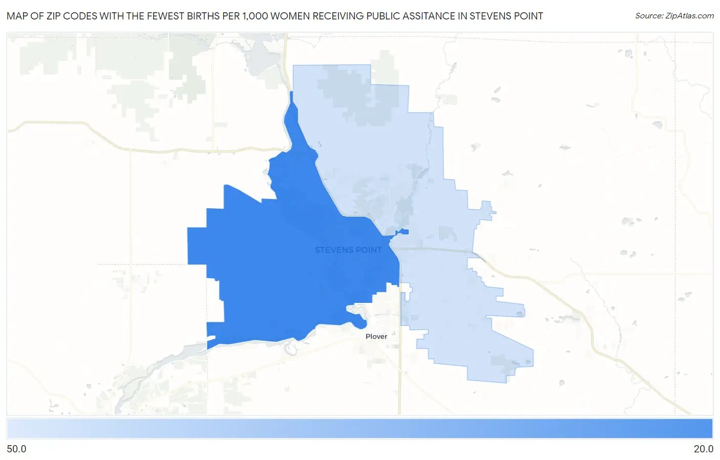 Zip Codes with the Fewest Births per 1,000 Women Receiving Public Assitance in Stevens Point Map