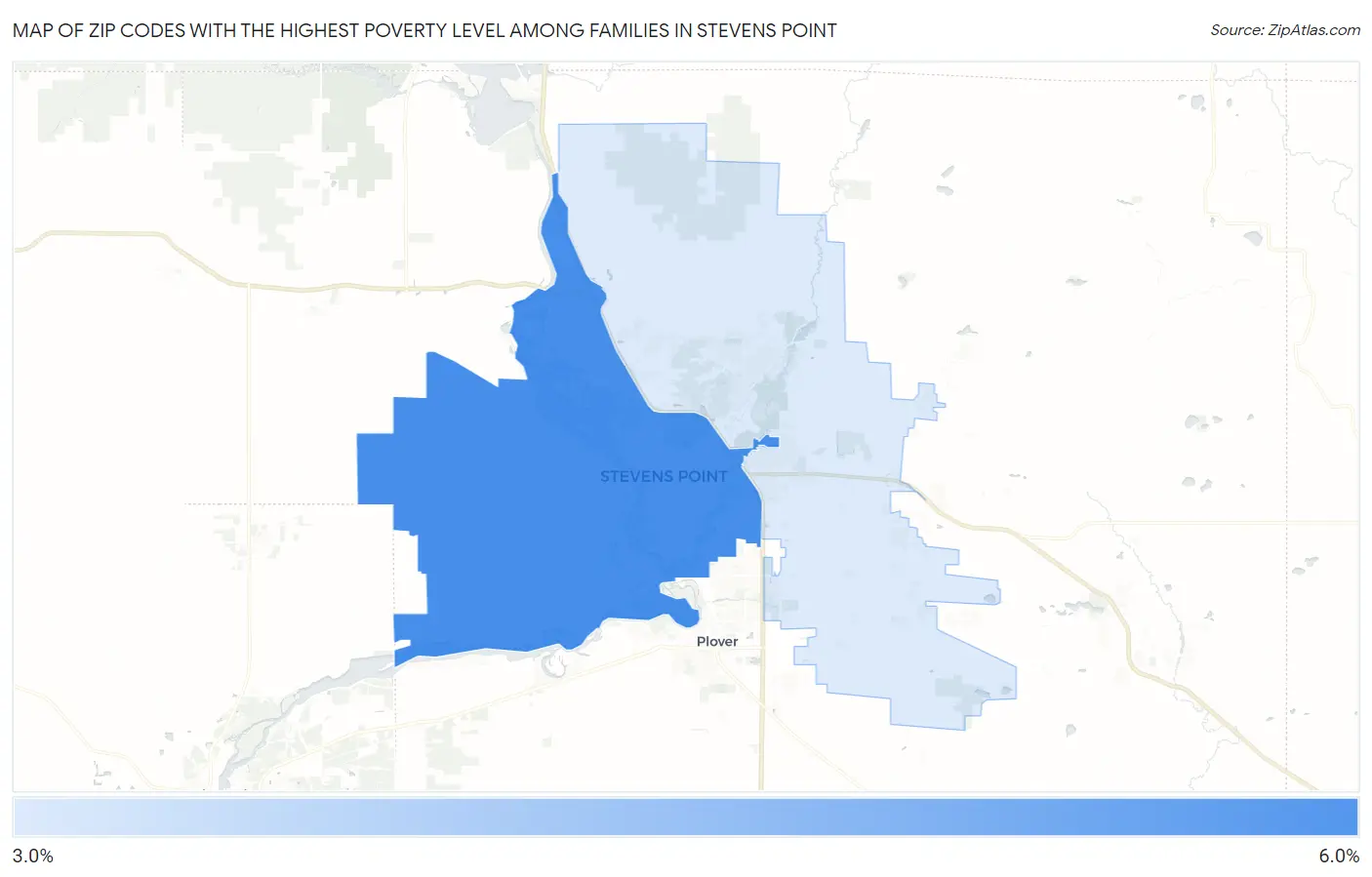 Zip Codes with the Highest Poverty Level Among Families in Stevens Point Map