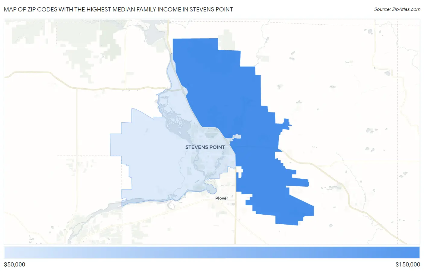 Zip Codes with the Highest Median Family Income in Stevens Point Map