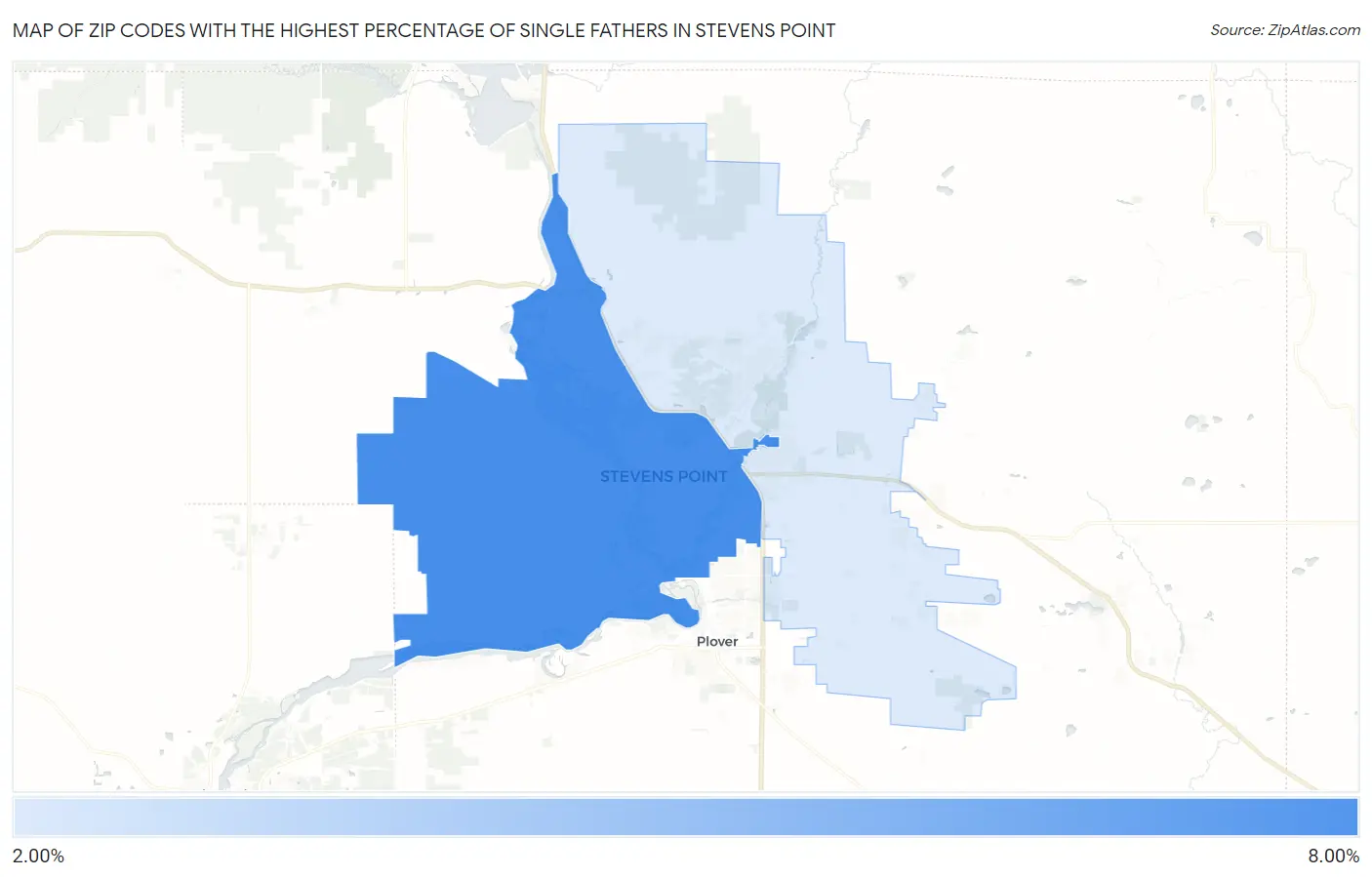 Zip Codes with the Highest Percentage of Single Fathers in Stevens Point Map
