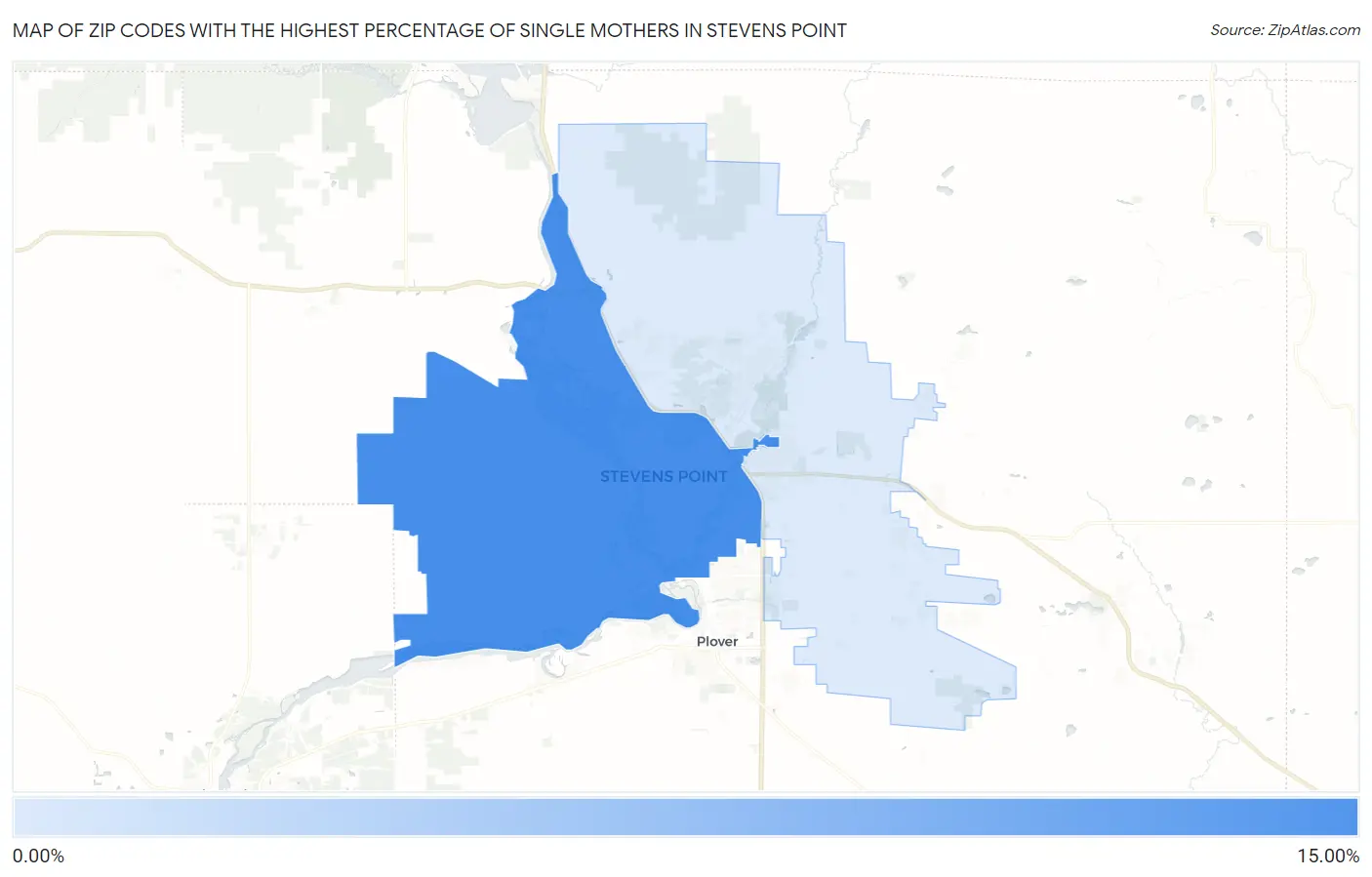 Zip Codes with the Highest Percentage of Single Mothers in Stevens Point Map
