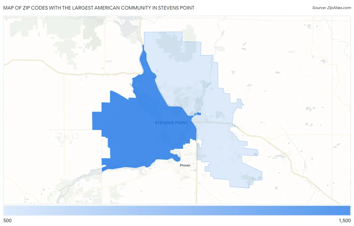 Zip Codes with the Largest American Community in Stevens Point Map