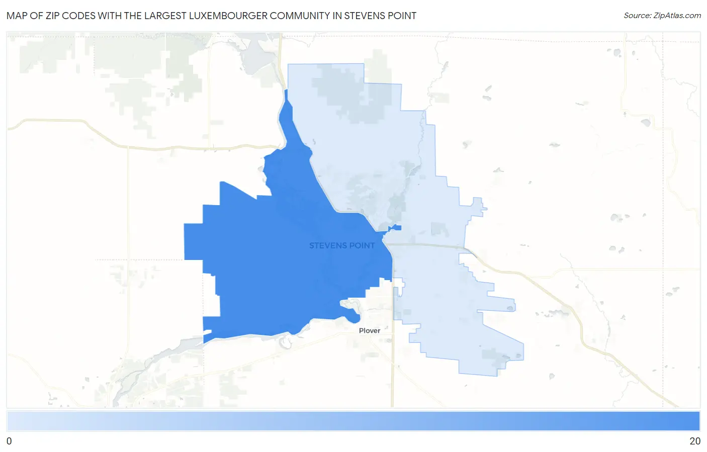 Zip Codes with the Largest Luxembourger Community in Stevens Point Map