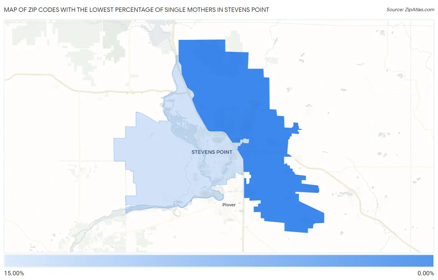 Zip Codes with the Lowest Percentage of Single Mothers in Stevens Point Map