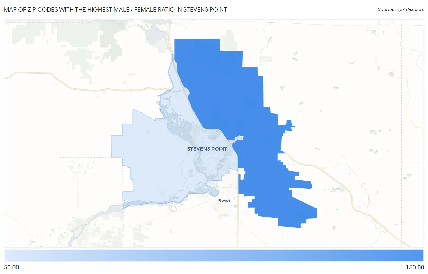 Zip Codes with the Highest Male / Female Ratio in Stevens Point Map