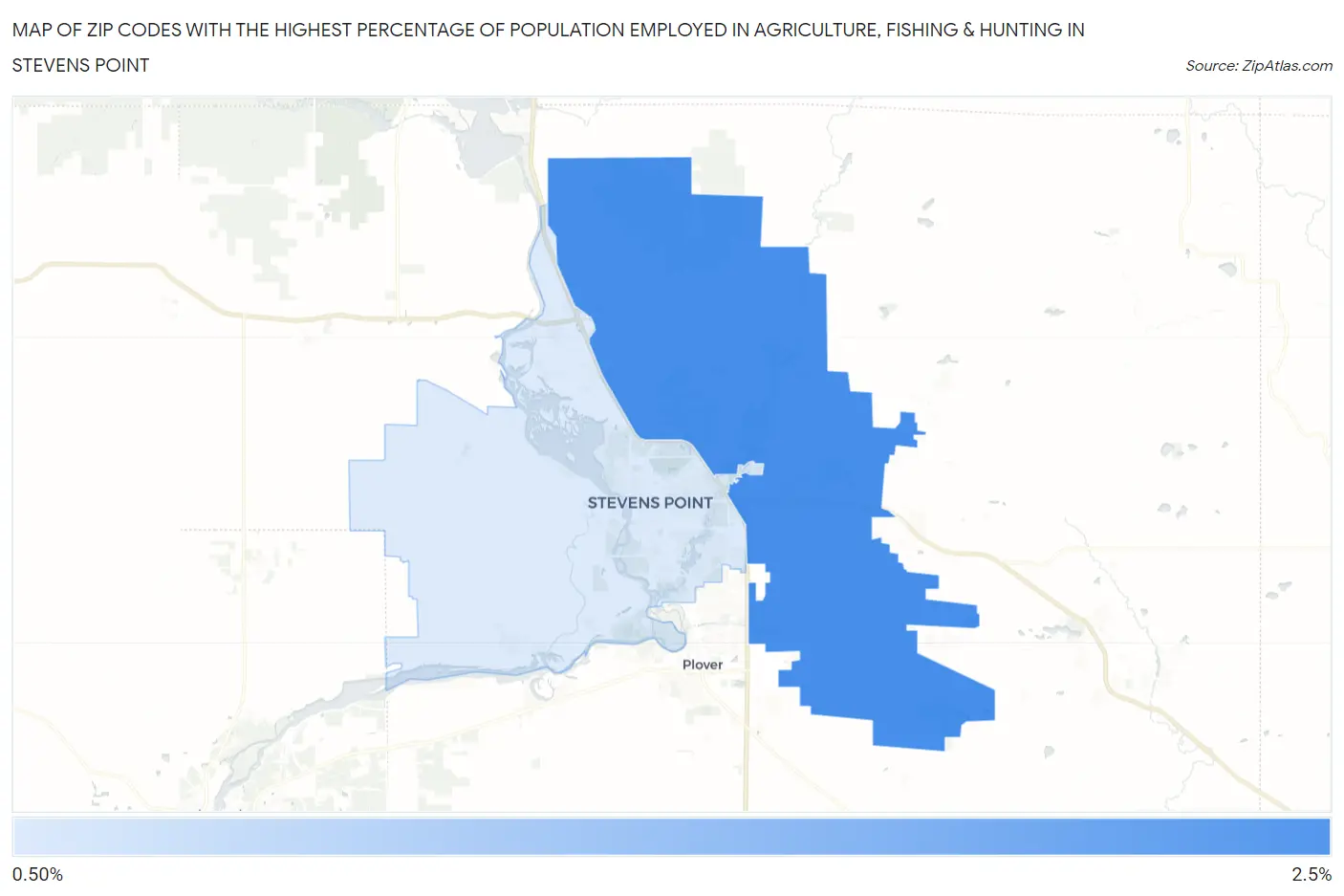 Zip Codes with the Highest Percentage of Population Employed in Agriculture, Fishing & Hunting in Stevens Point Map