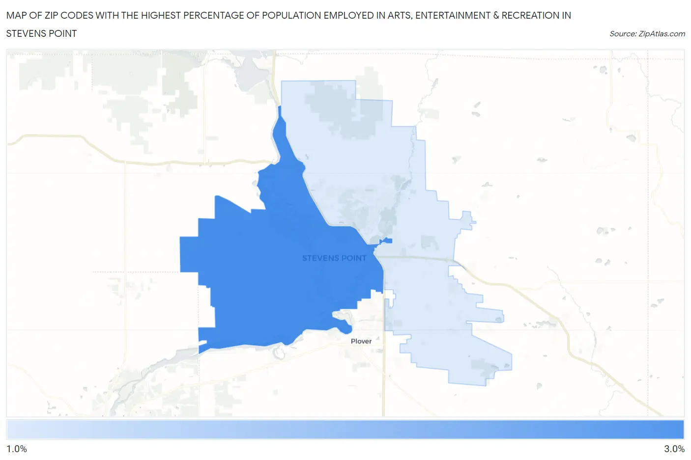 Zip Codes with the Highest Percentage of Population Employed in Arts, Entertainment & Recreation in Stevens Point Map