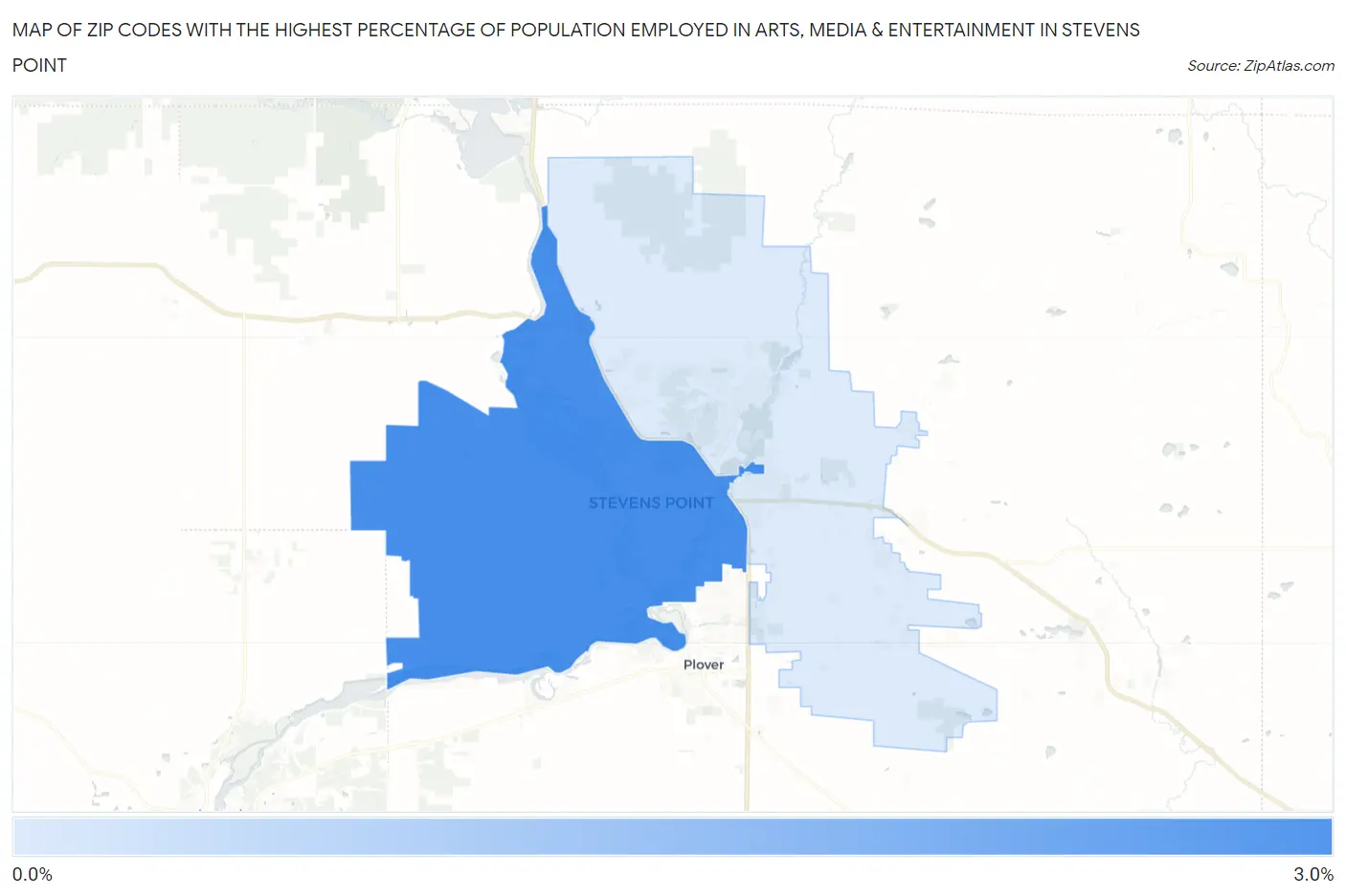 Zip Codes with the Highest Percentage of Population Employed in Arts, Media & Entertainment in Stevens Point Map