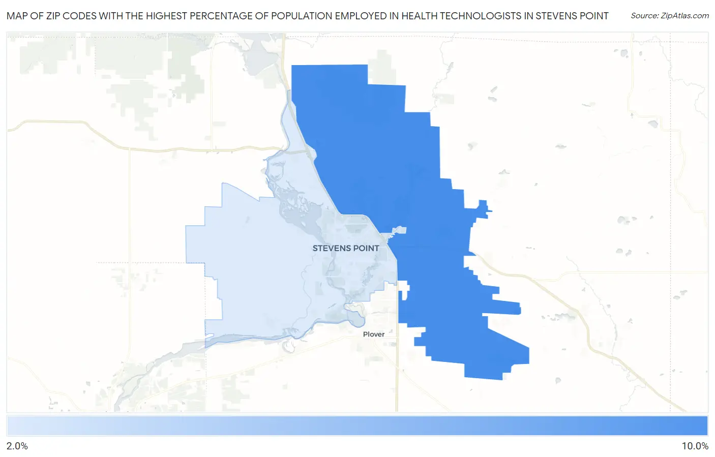 Zip Codes with the Highest Percentage of Population Employed in Health Technologists in Stevens Point Map