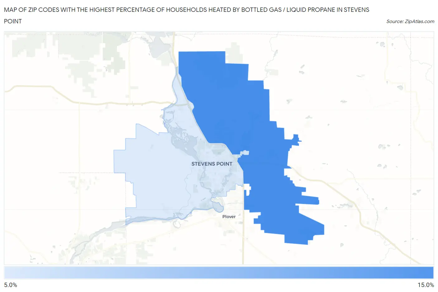 Zip Codes with the Highest Percentage of Households Heated by Bottled Gas / Liquid Propane in Stevens Point Map