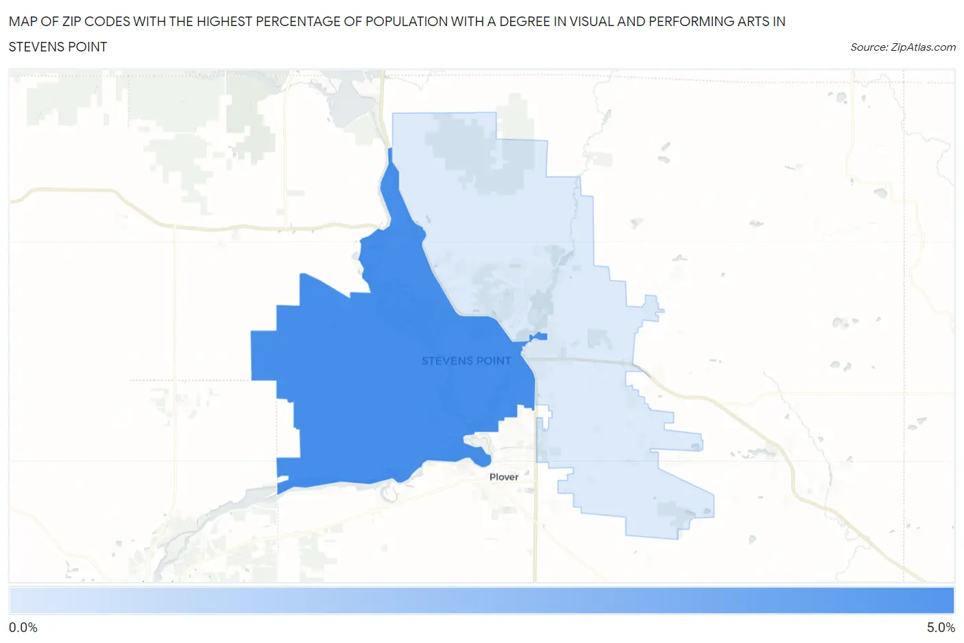 Zip Codes with the Highest Percentage of Population with a Degree in Visual and Performing Arts in Stevens Point Map
