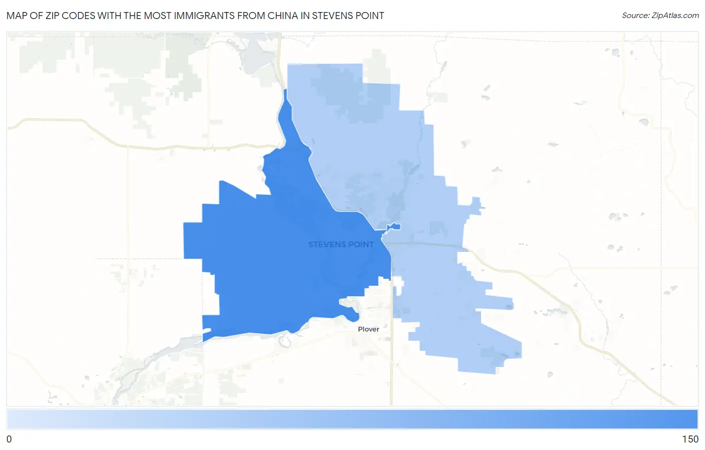 Zip Codes with the Most Immigrants from China in Stevens Point Map