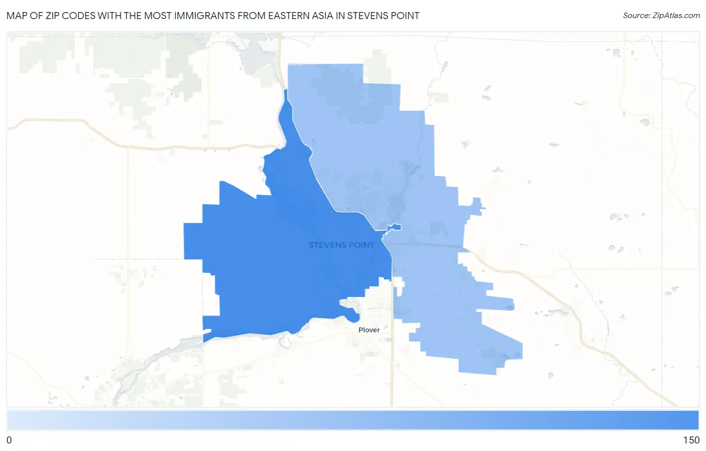 Zip Codes with the Most Immigrants from Eastern Asia in Stevens Point Map