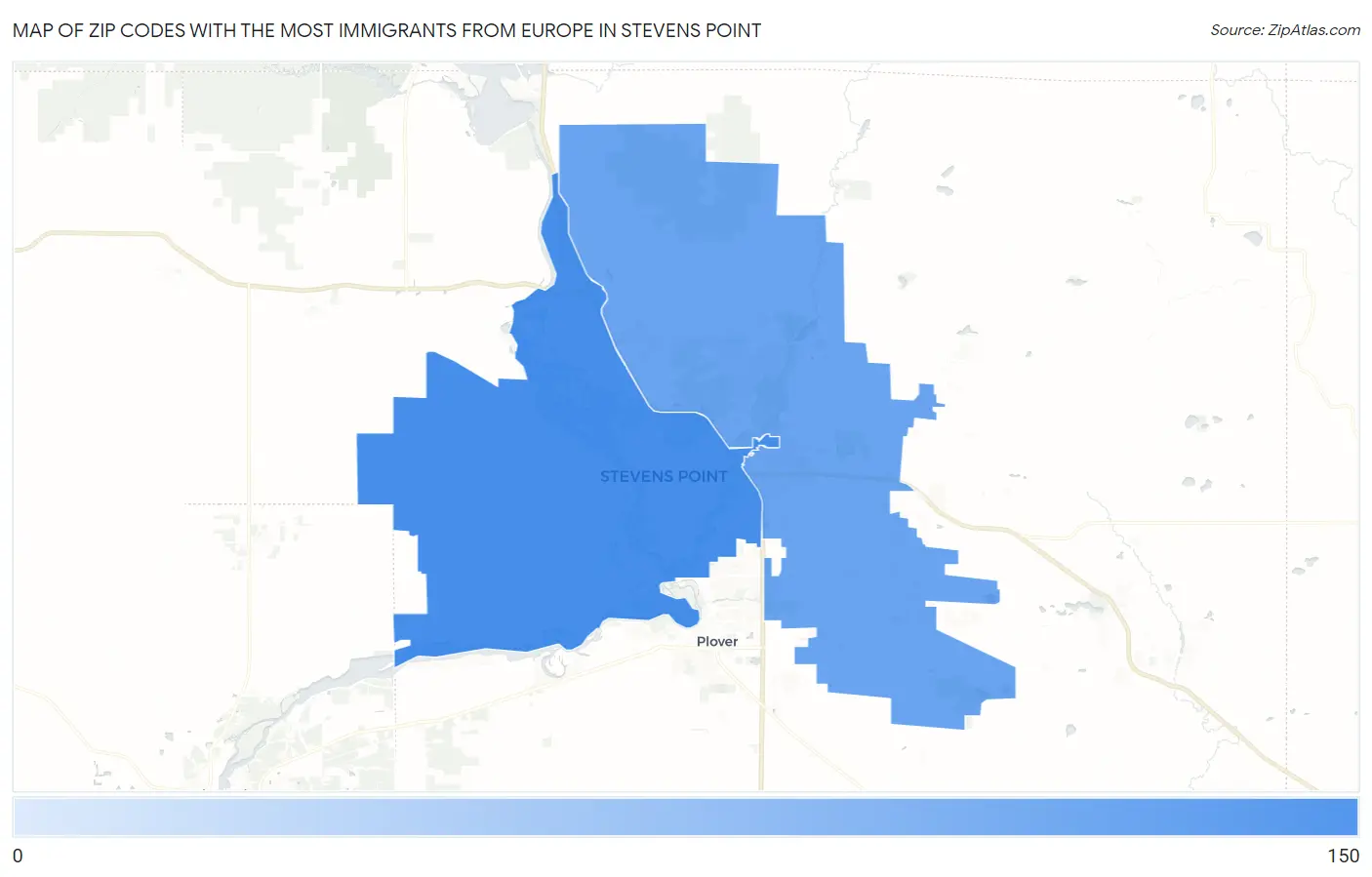 Zip Codes with the Most Immigrants from Europe in Stevens Point Map