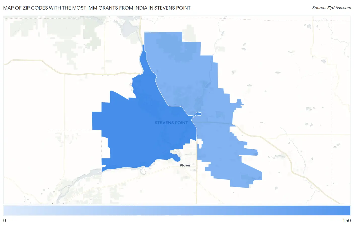 Zip Codes with the Most Immigrants from India in Stevens Point Map