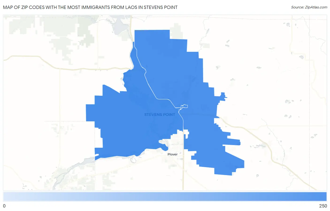 Zip Codes with the Most Immigrants from Laos in Stevens Point Map