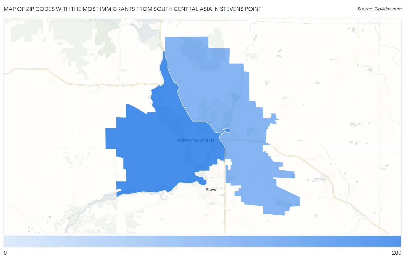 Zip Codes with the Most Immigrants from South Central Asia in Stevens Point Map