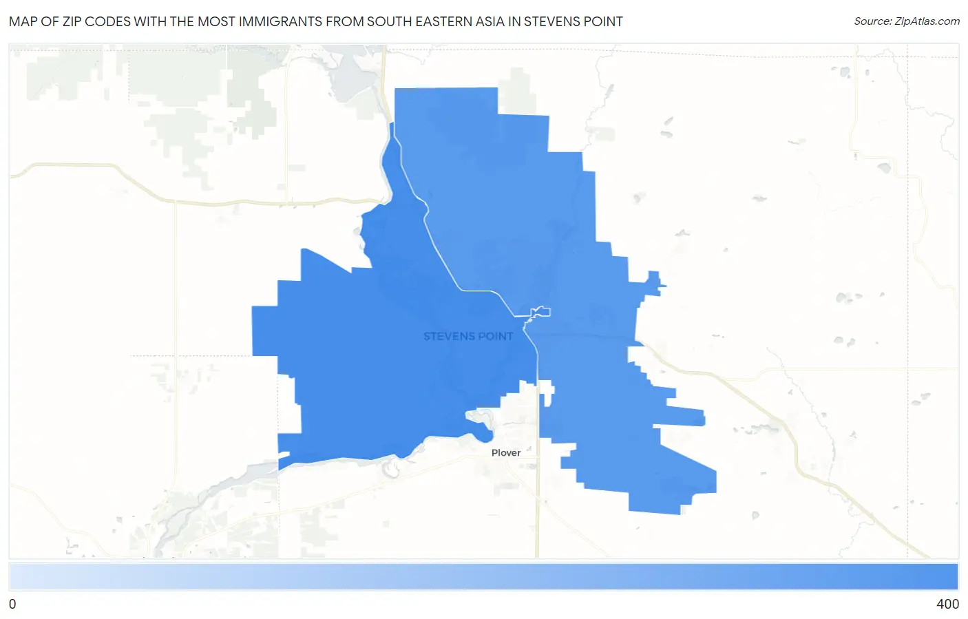 Zip Codes with the Most Immigrants from South Eastern Asia in Stevens Point Map