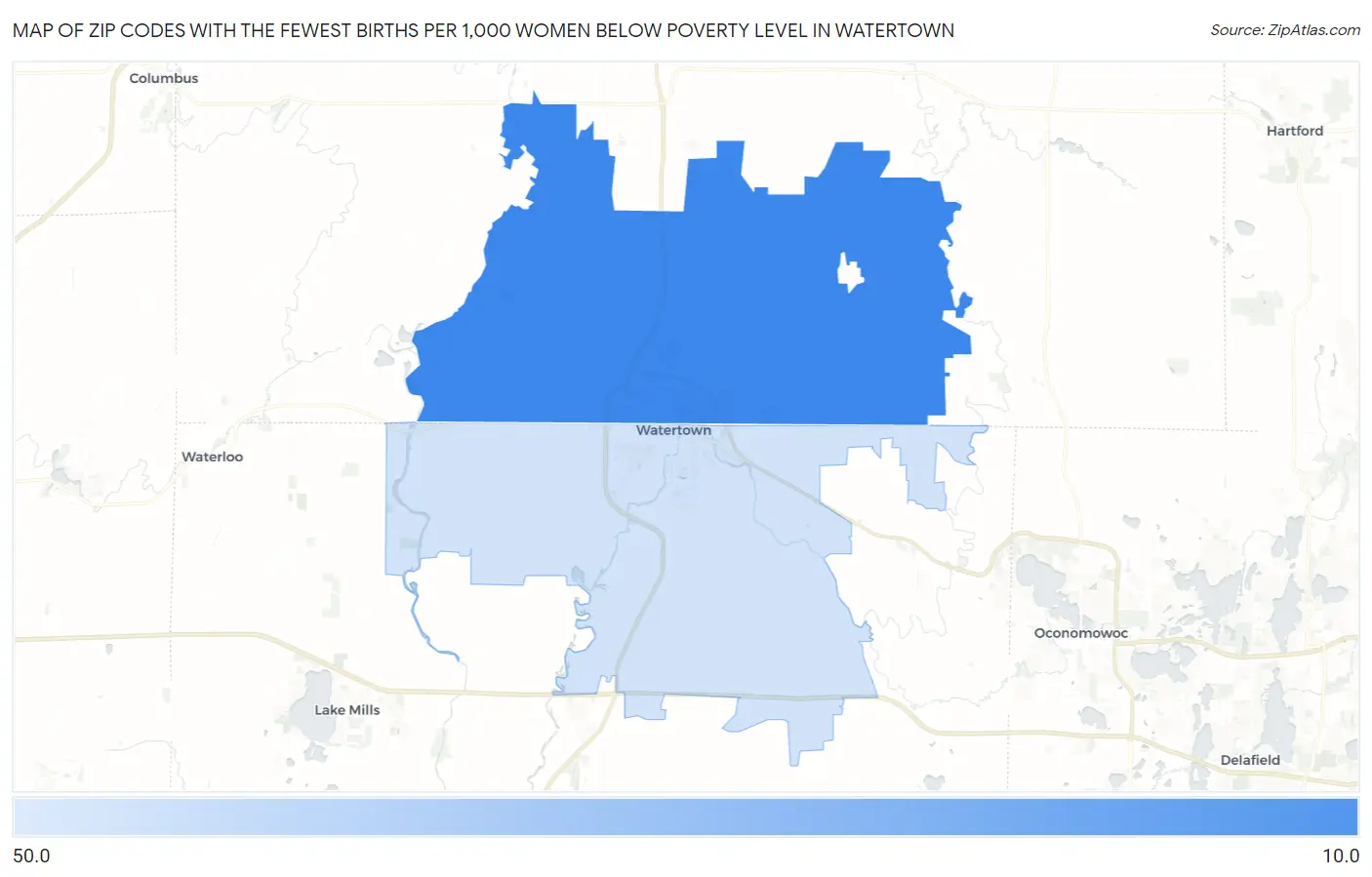 Zip Codes with the Fewest Births per 1,000 Women Below Poverty Level in Watertown Map