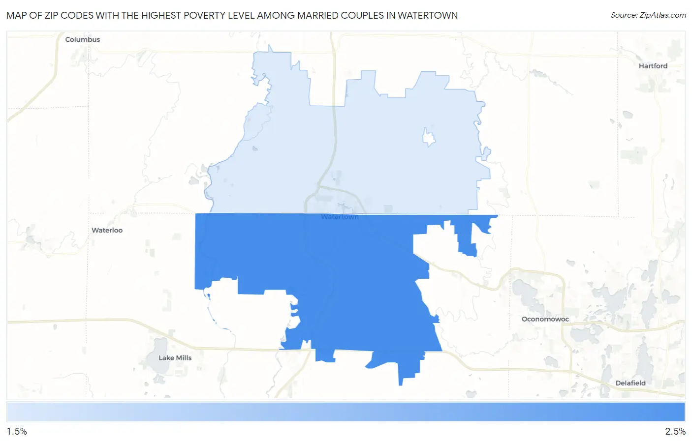 Zip Codes with the Highest Poverty Level Among Married Couples in Watertown Map